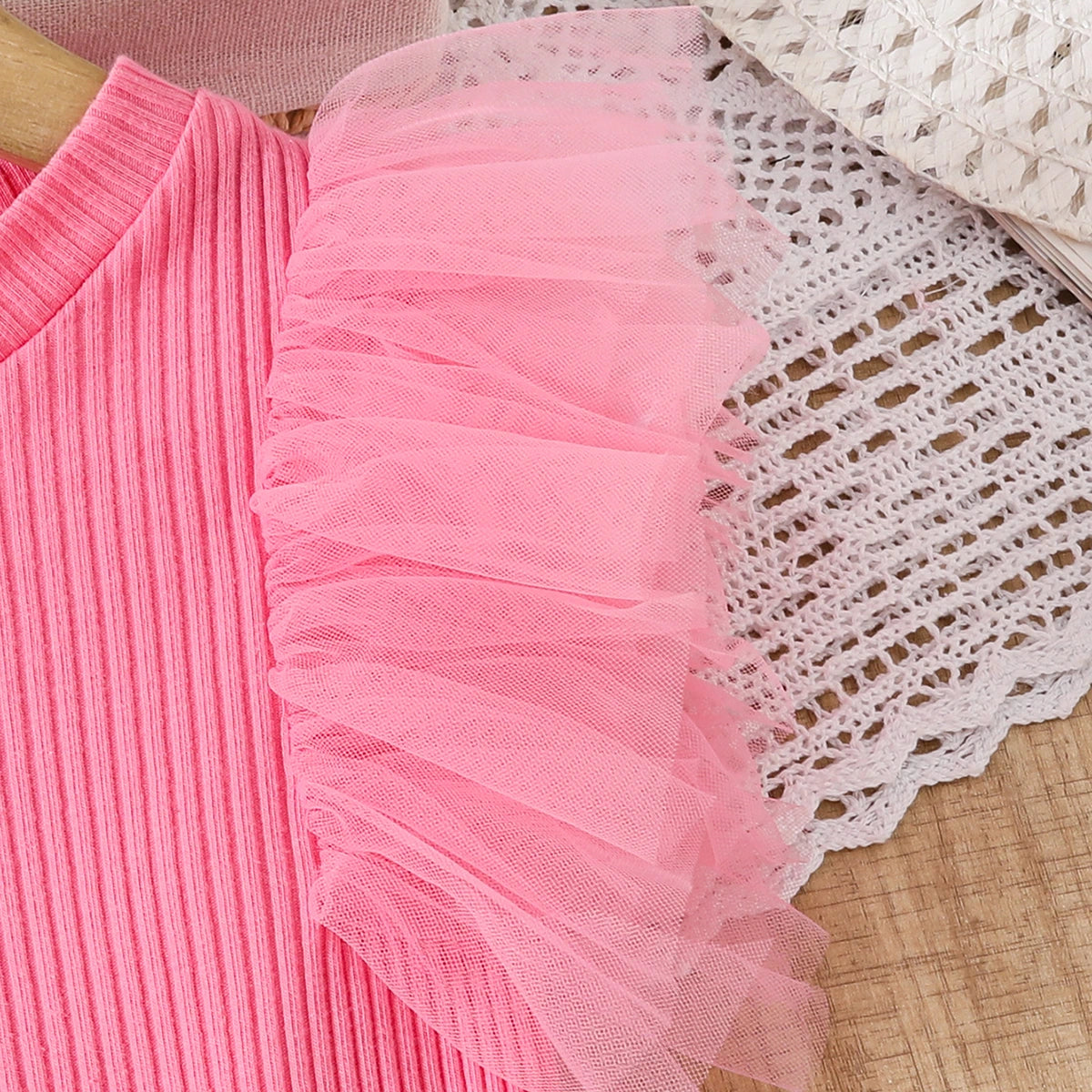 Girls Pink Crop Top With Polka Dot Printed Tulle Overlay Skirts Set Sets