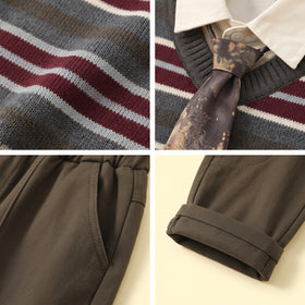 Boys Grey Striped Sweater vest With Shirts And Pants Sets 3 pc. Sets