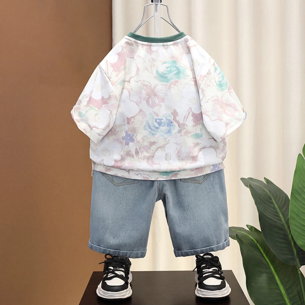 Boys Green Typography Print Short Sleeve T-Shirt With Distressed Denim Shorts Sets 2 pc. Sets