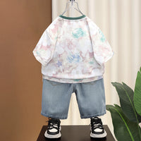 Boys Green Typography Print Short Sleeve T-Shirt With Distressed Denim Shorts Sets 2 pc. Sets