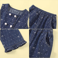 Girls Dark Blue Polka Dot Print Top With Pants Sets 2 pc. Sets