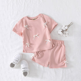 Girls Pink Bow Appliqued Short Sleeves Top With Shorts Set 2 pc. Sets Pink 3-4 Y