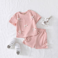 Girls Pink Bow Appliqued Short Sleeves Top With Shorts Set 2 pc. Sets Pink 3-4 Y