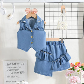 Girls Blue Light Wash Sleeveless Top With Elasticated Skirts Sets 2 pc. Sets Blue 2-3 Y