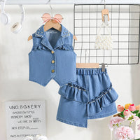 Girls Blue Light Wash Sleeveless Top With Elasticated Skirts Sets 2 pc. Sets Blue 2-3 Y