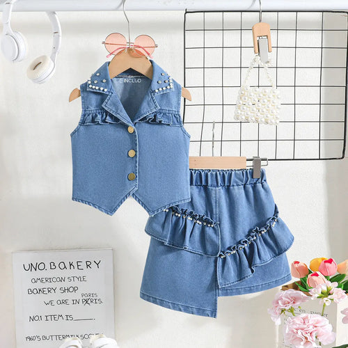 Girls Blue Light Wash Sleeveless Top With Elasticated Skirts Sets 2 pc. Sets Blue 2-3 Y
