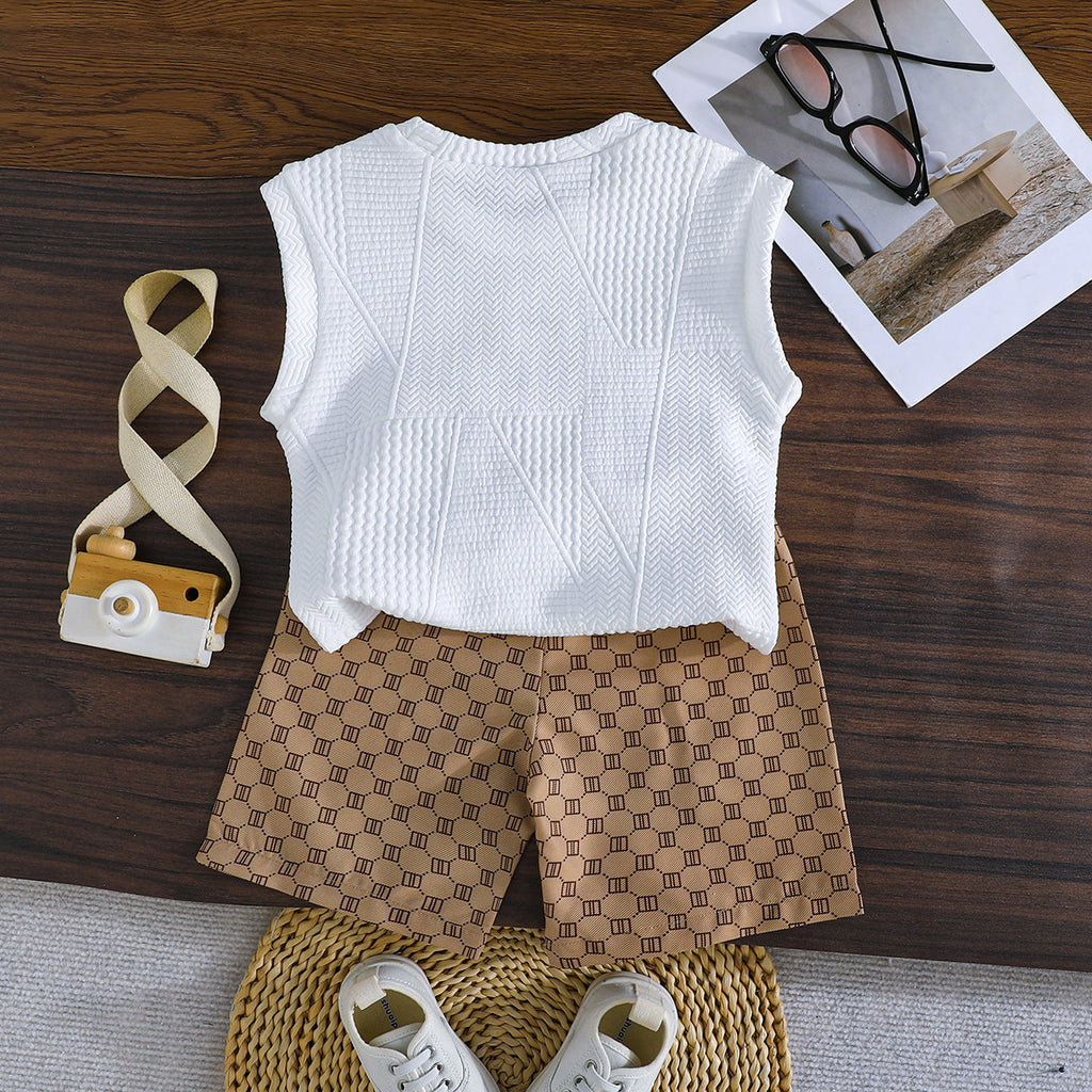 Boys Self Designed Sleeveless T-Shirt With Printed Khaki Shorts Set 2 pc. Sets