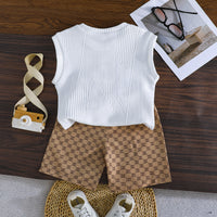 Boys Self Designed Sleeveless T-Shirt With Printed Khaki Shorts Set 2 pc. Sets