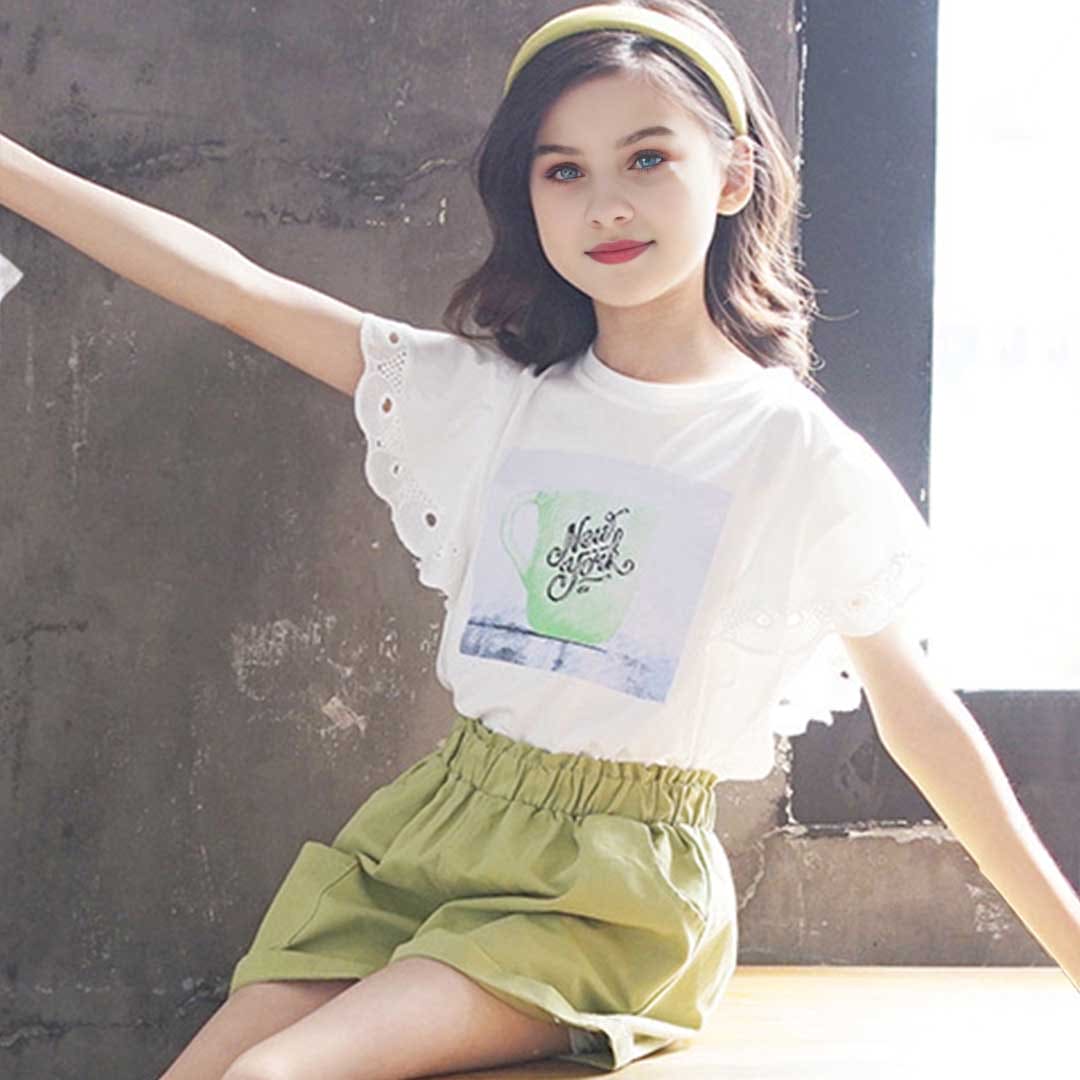 Girls Lace Sleeve Graphic Top With Shorts Set 2 pc. Sets   