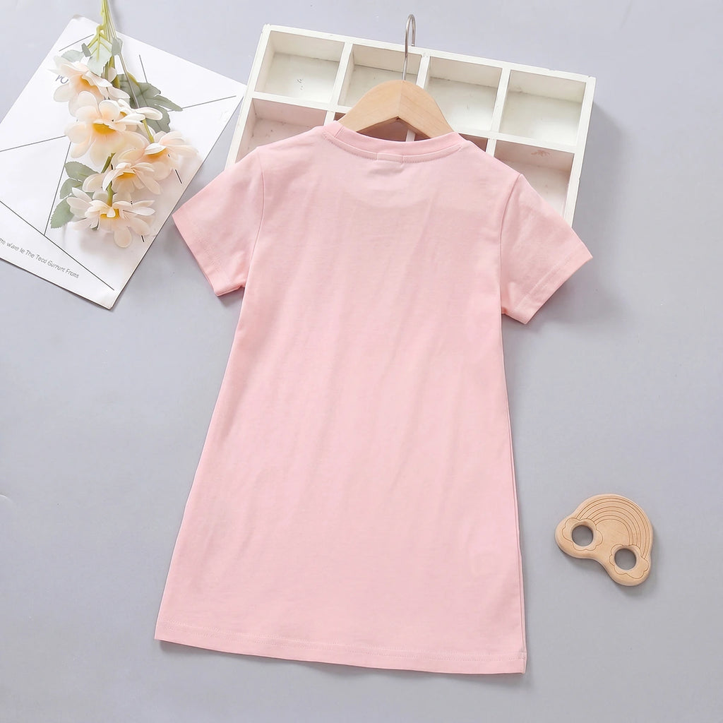 Girls Pink Bow Graphics Short Sleeve T-Shirt Dress Casual Dresses