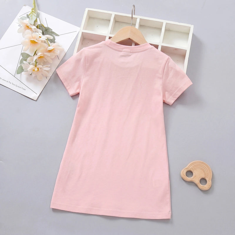 Girls Pink Bow Graphics Short Sleeve T-Shirt Dress Casual Dresses
