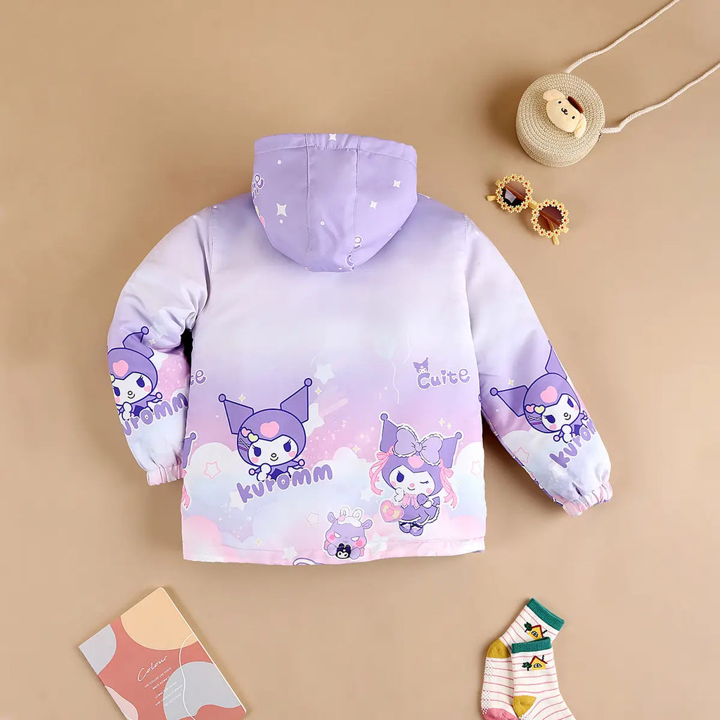 Girls Purple Kuromi Cartoon Printed Reversible Hooded Zipper Jacket Coats & Jackets