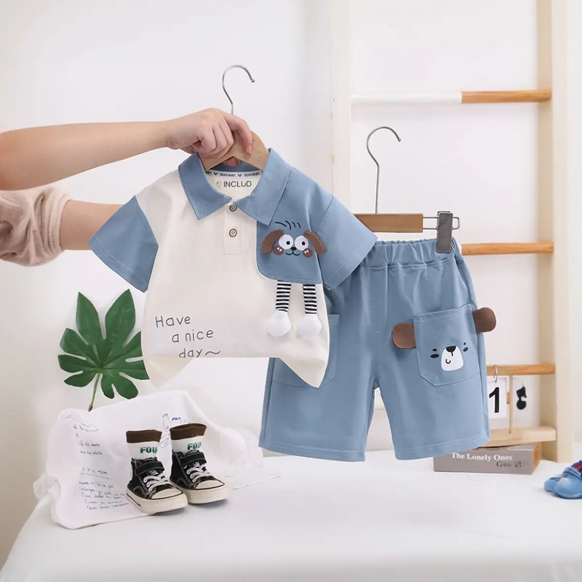 Boys Light Blue Dog Applique Short Sleeve Polo T-Shirt With Elasticated Shorts Sets 2 pc. Sets Light Blue 1-2 Y