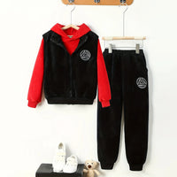 Boys Red Typographic Printed Hoodie With Sleeveless Jacket & Jogger Sets Sets Red 5-6 Y