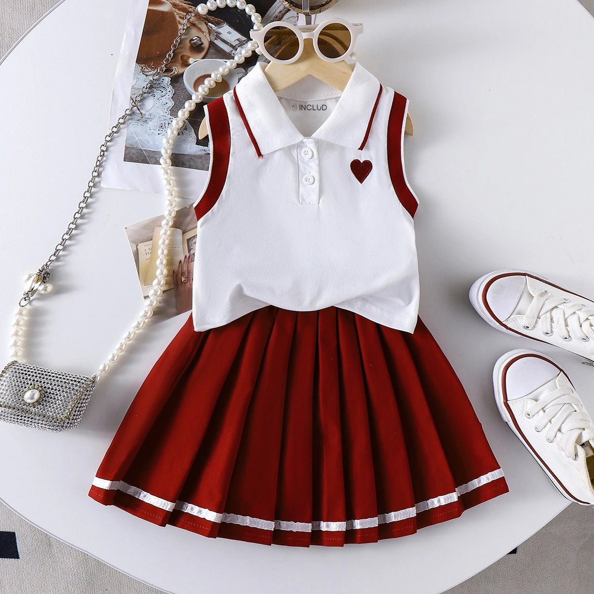 Girls Heart Embroidered Polo Top With Maroon Pleated Skirt Sets 2 pc. Sets Maroon 2-3 Y