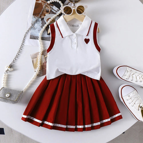 Girls Heart Embroidered Polo Top With Maroon Pleated Skirt Sets 2 pc. Sets Maroon 2-3 Y