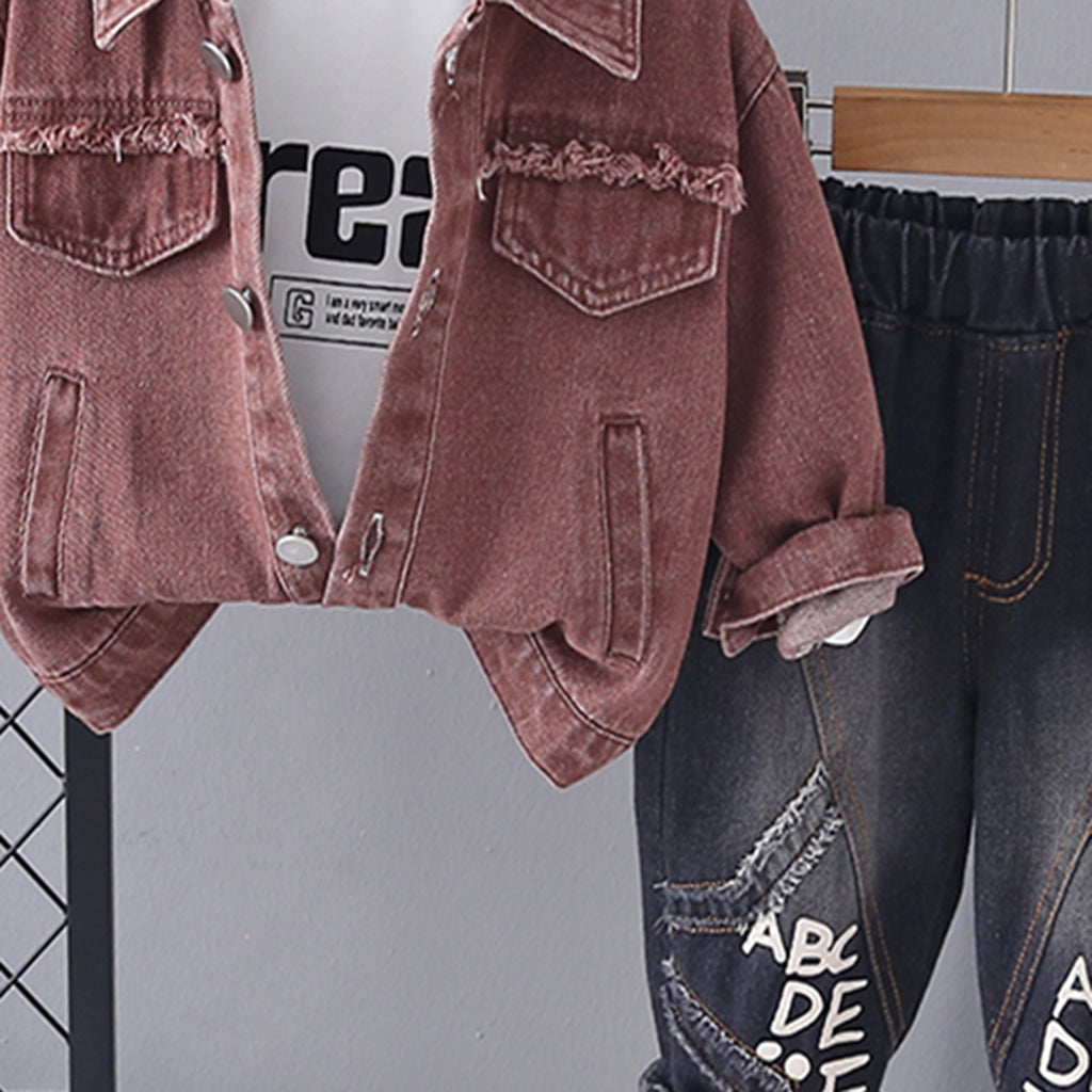 Boys Brown Solid Denim Jacket With Printed T-Shirt & Denim Pants Set Sets