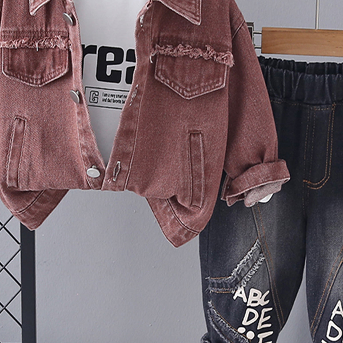 Boys Brown Solid Denim Jacket With Printed T-Shirt & Denim Pants Set Sets