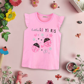 Girls Ladybird Printed Short Sleeves T-Shirt Tshirts Pink 1-2 Y 