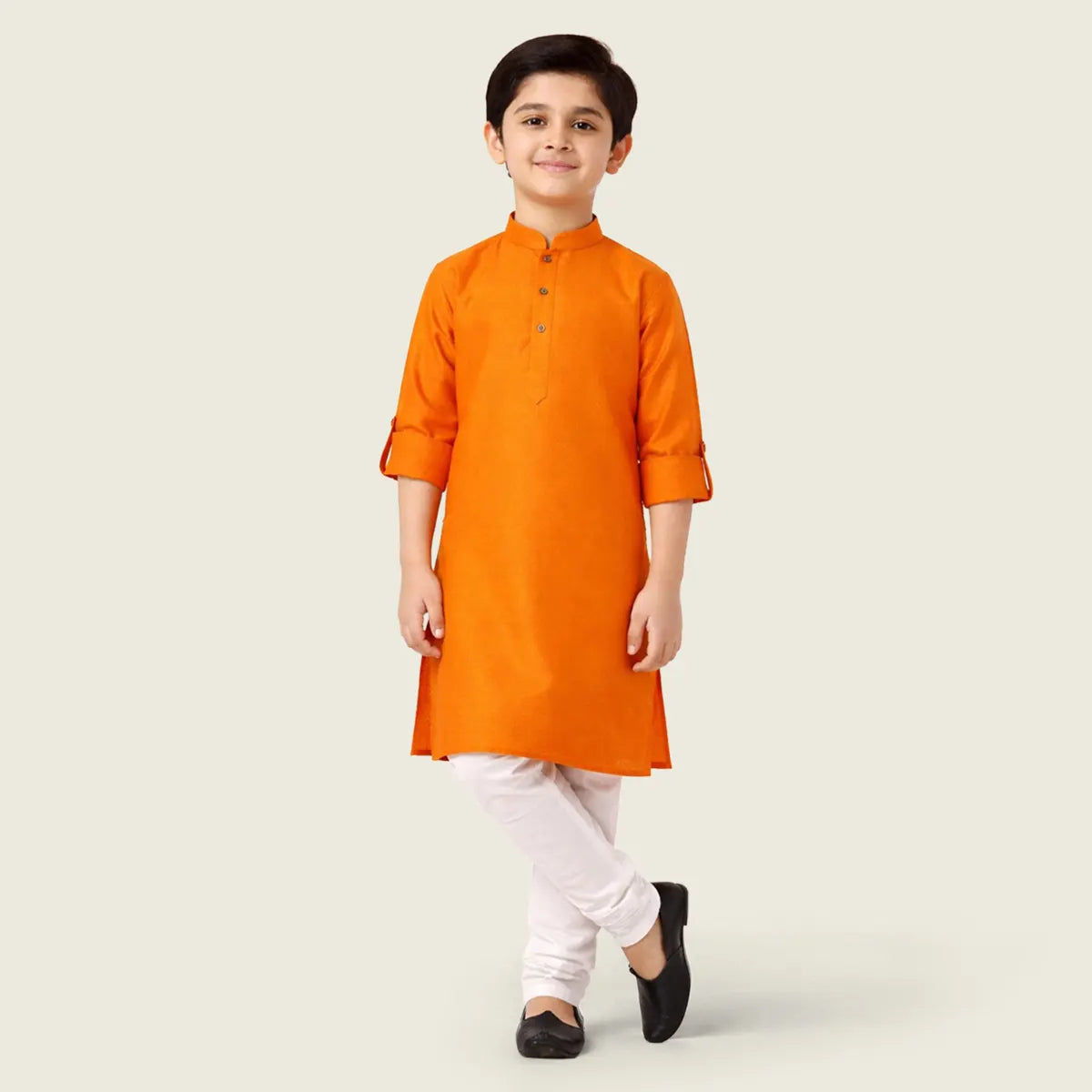 Boys Orange Ethnic wear Cotton Long Sleeve Kurta With Pyjama Set Ethnicwear Boys Orange 1-2 Y