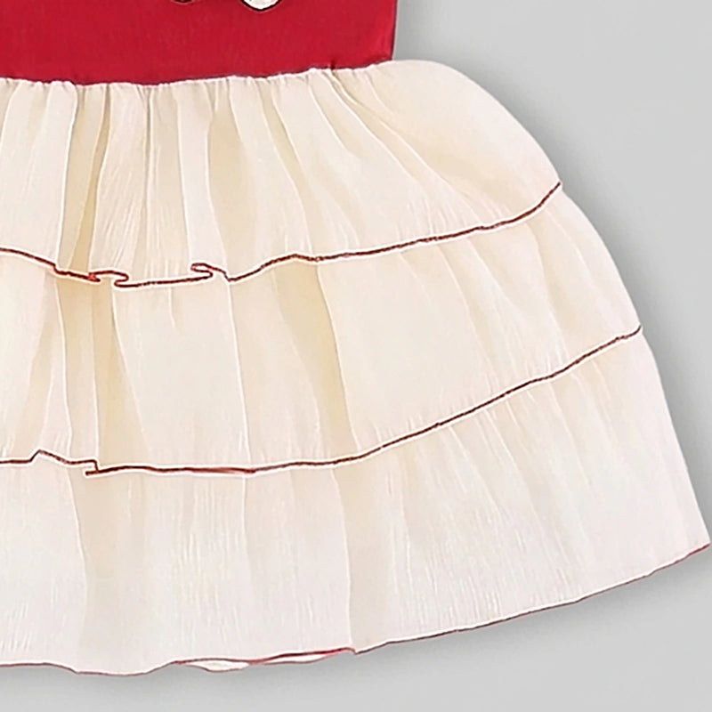 Girls Red Layered Fit And Flare Dress With Bow Details Casual Dresses