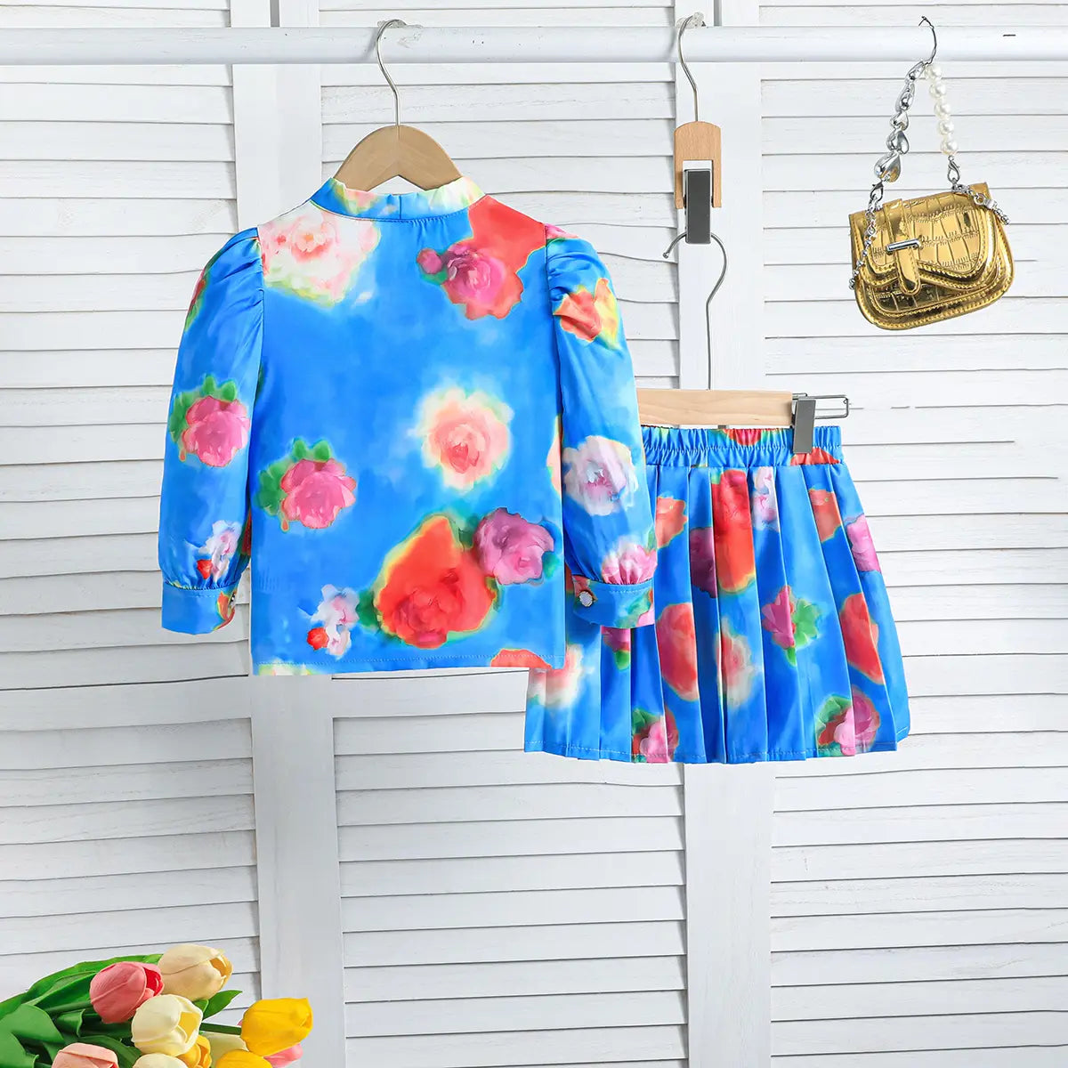 Girls Blue Floral Printed Top With Pleated Skirt Co-ord Sets Sets