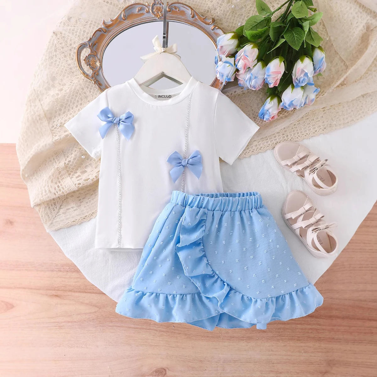 Girls White Bow Applique Short Sleeve Top With Skirt Sets 2 pc. Sets