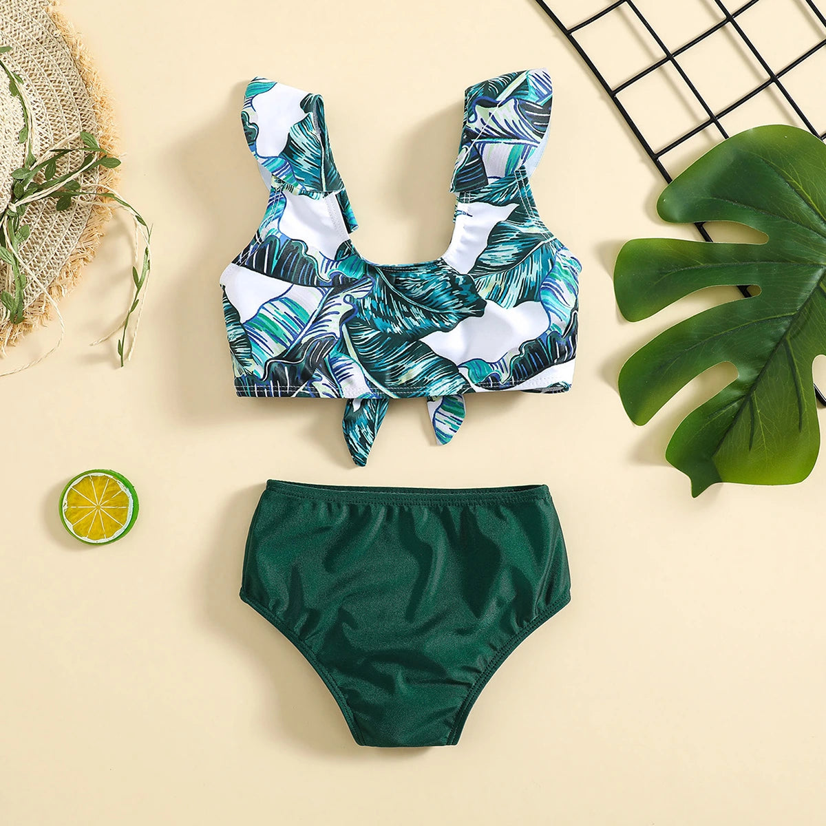 Girls Dark Green Tropical Printed Sleeveless Top With Briefs Swimwear Sets Sets Dark Green 1-2 Y