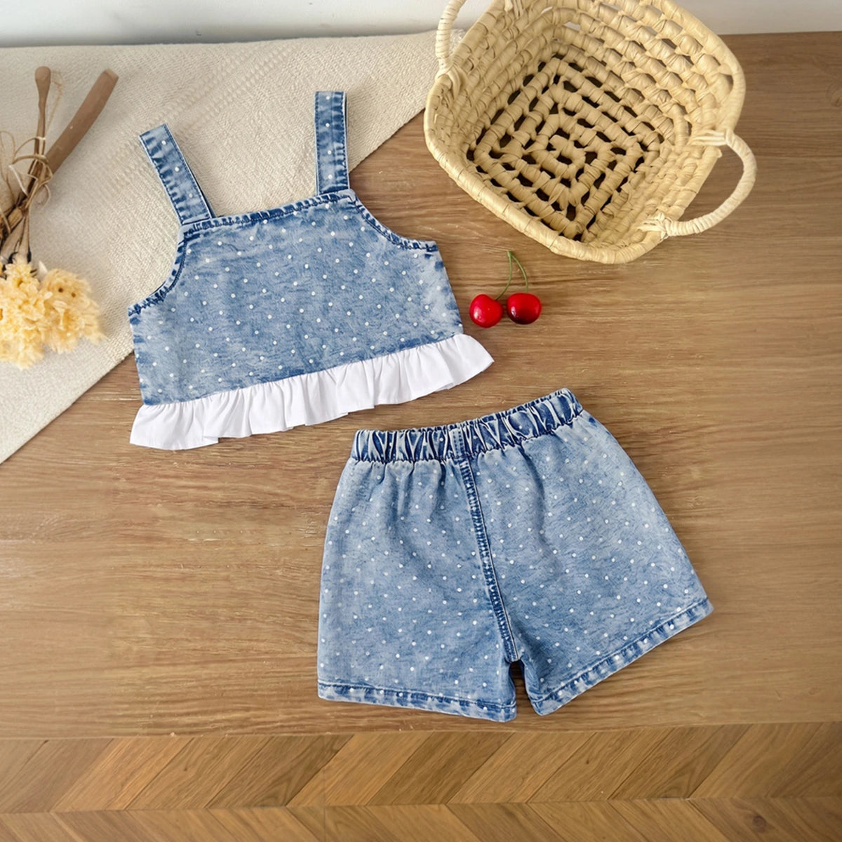 Girls Light Blue Polka Dot Print Sleeveless Top With Shorts Sets 2 pc. Sets
