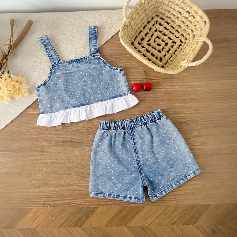 Girls Light Blue Polka Dot Print Sleeveless Top With Shorts Sets 2 pc. Sets