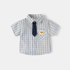 Boys Light Blue Checked Shirt with Bear Patch Pocket Shirts