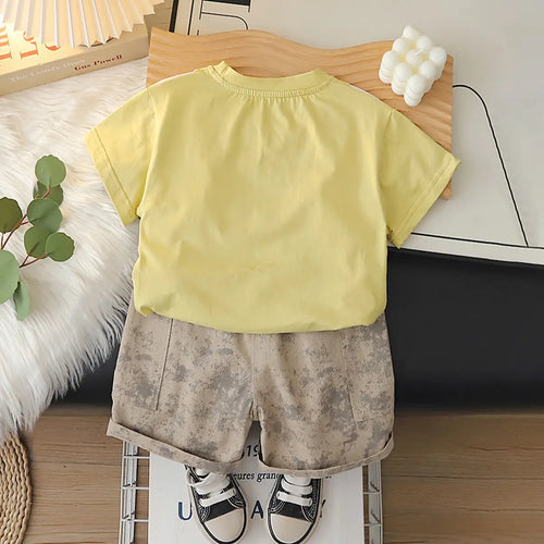 Boys Yellow Typographic Printed Short Sleeve T-Shirt With Elasticated Shorts Sets 2 pc. Sets