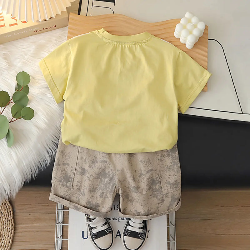 Boys Yellow Typographic Printed Short Sleeve T-Shirt With Elasticated Shorts Sets 2 pc. Sets