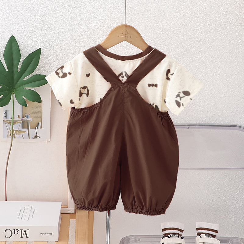 Boys Printed Short Sleeves T-Shirt With Dark Brown Dog Applique Dungaree Set 2 pc. Sets