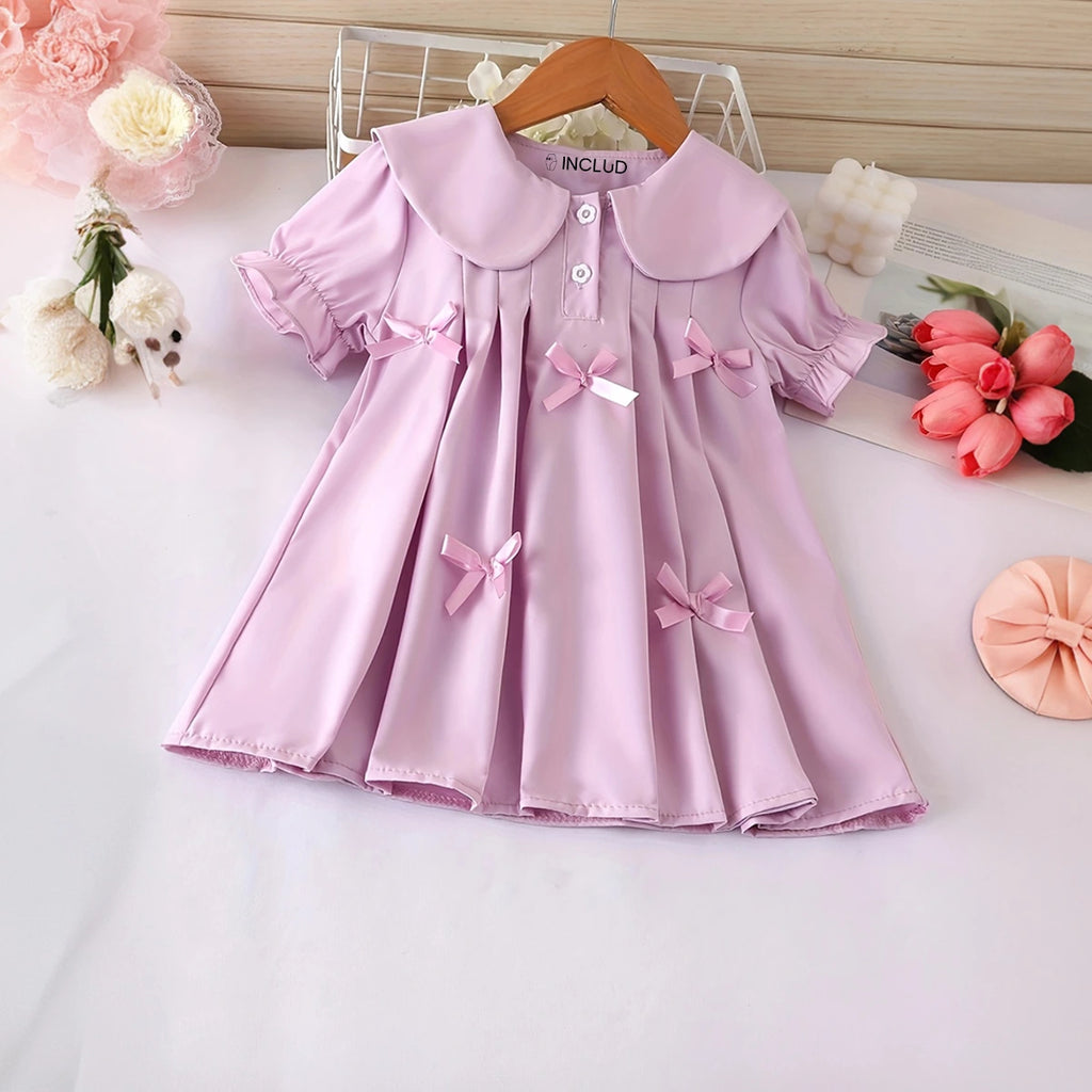 Girls Purple Puff Sleeves Pleated A-line Dress With Bow Details Casual Dresses Purple 1-2 Y
