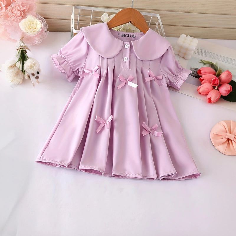 Girls Purple Puff Sleeves Pleated A-line Dress With Bow Details Casual Dresses Purple 1-2 Y