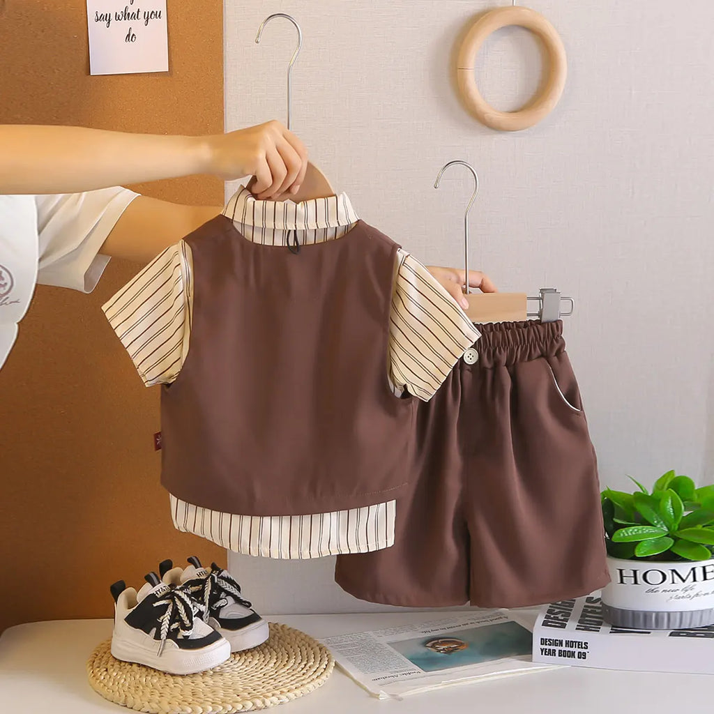Boys Brown Vest & Shirt With Shorts & Neck Tie Sets Sets