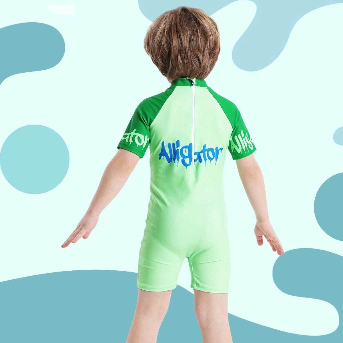 Boys Light Green Graphics Short Sleeves Swimwear Romper Jumpsuits