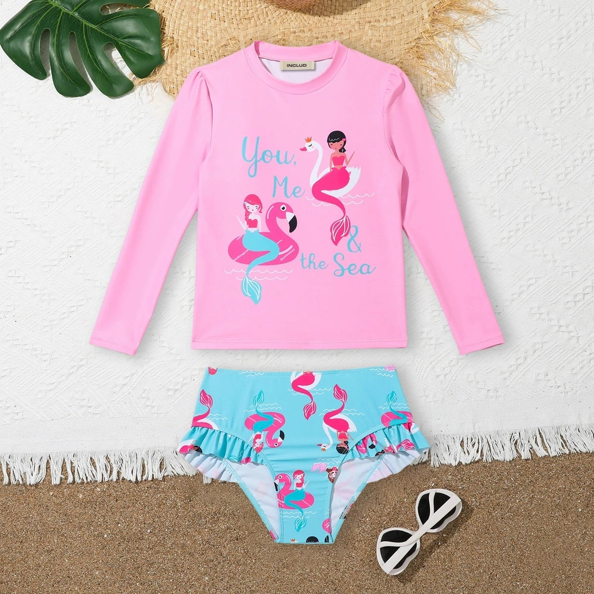 Girls Pink Mermaid Print T-Shirt With ruffled Briefs Swimwear Sets Sets Pink 7-8 Y