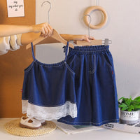 Girls Dark Blue Denim Heart Embroidered Top With Capri Sets Sets