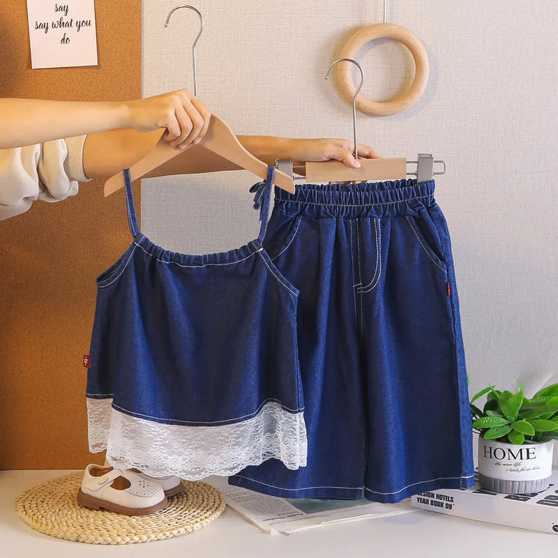 Girls Dark Blue Denim Heart Embroidered Top With Capri Sets Sets