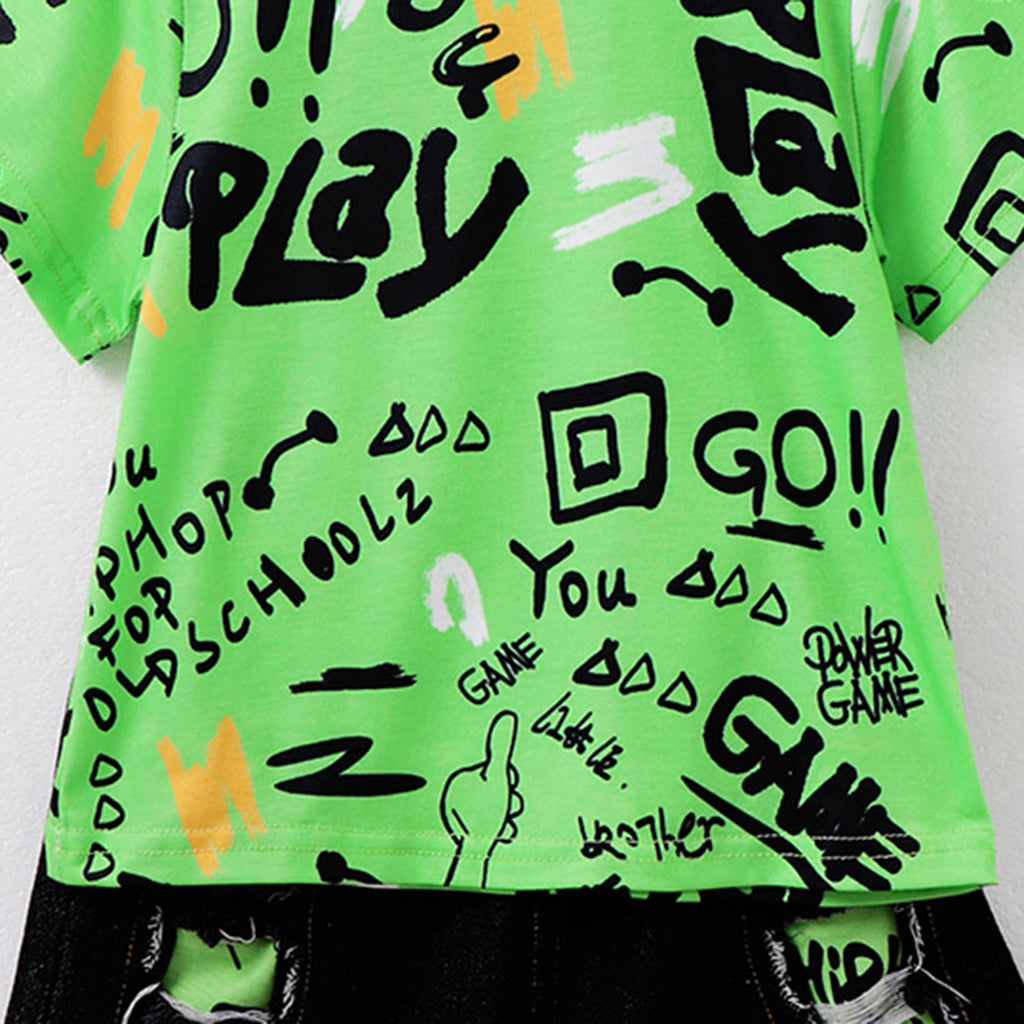 Boys Green Printed Short Sleeve T-Shirt With Shorts Set 2 pc. Sets