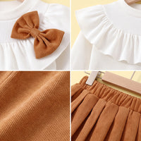 Girls Brown Bow Applique Long Sleeve Top with Skirt Sets 2 pc. Sets