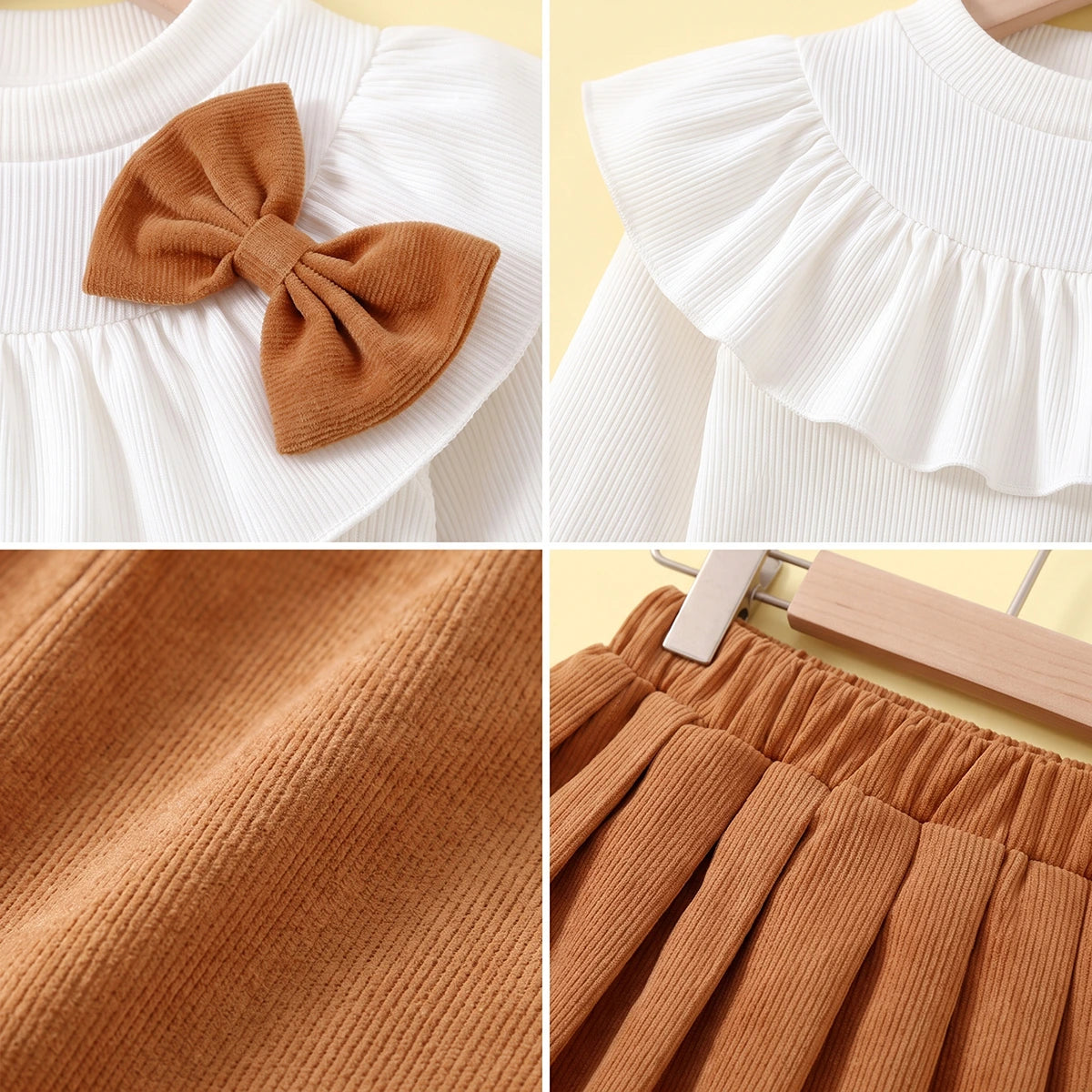 Girls Brown Bow Applique Long Sleeve Top with Skirt Sets 2 pc. Sets