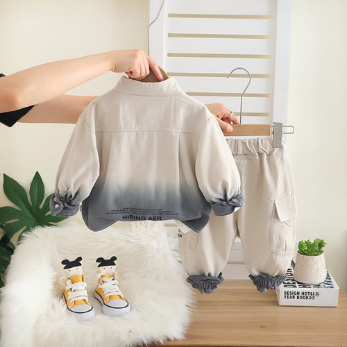 Boys Beige Typographic Printed Shacket With T-Shirt and Pants Set 3 pc. Sets