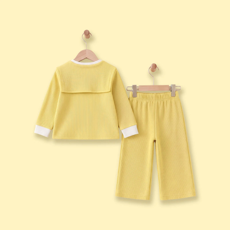 Girls Yellow Ribbed Sailor Collar Overlay Top & Pants Co-ord Sets Sets