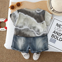Boys Brown Tie-Dye Printed T-Shirt With Denim Shorts Set Sets