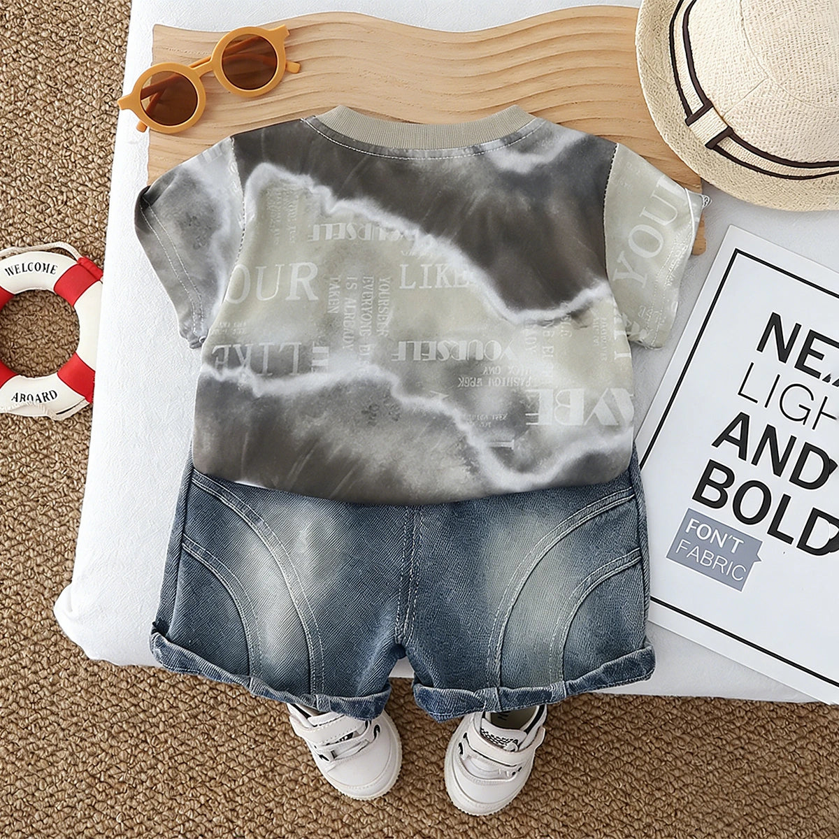 Boys Brown Tie-Dye Printed T-Shirt With Denim Shorts Set Sets