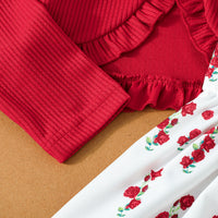 Girls Red Rose Printed Fit & Flare Winter Casual Dress With Shrug Casual Dresses