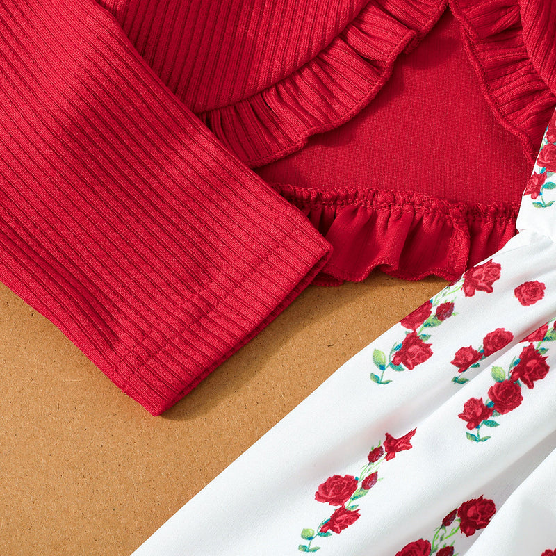 Girls Red Rose Printed Fit & Flare Winter Casual Dress With Shrug Casual Dresses